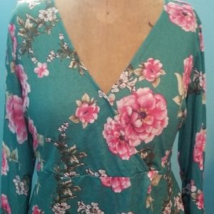 Suzanne Betro Green Pink Floral Faux Wrap Blouse